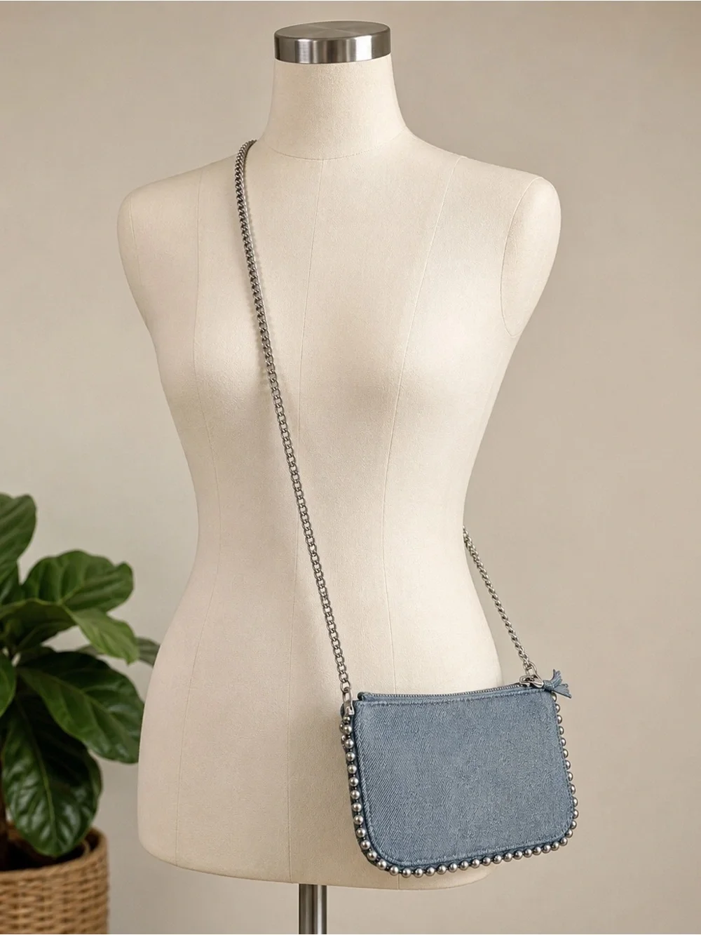 Denim Crossbody Clutch with Chain Strap